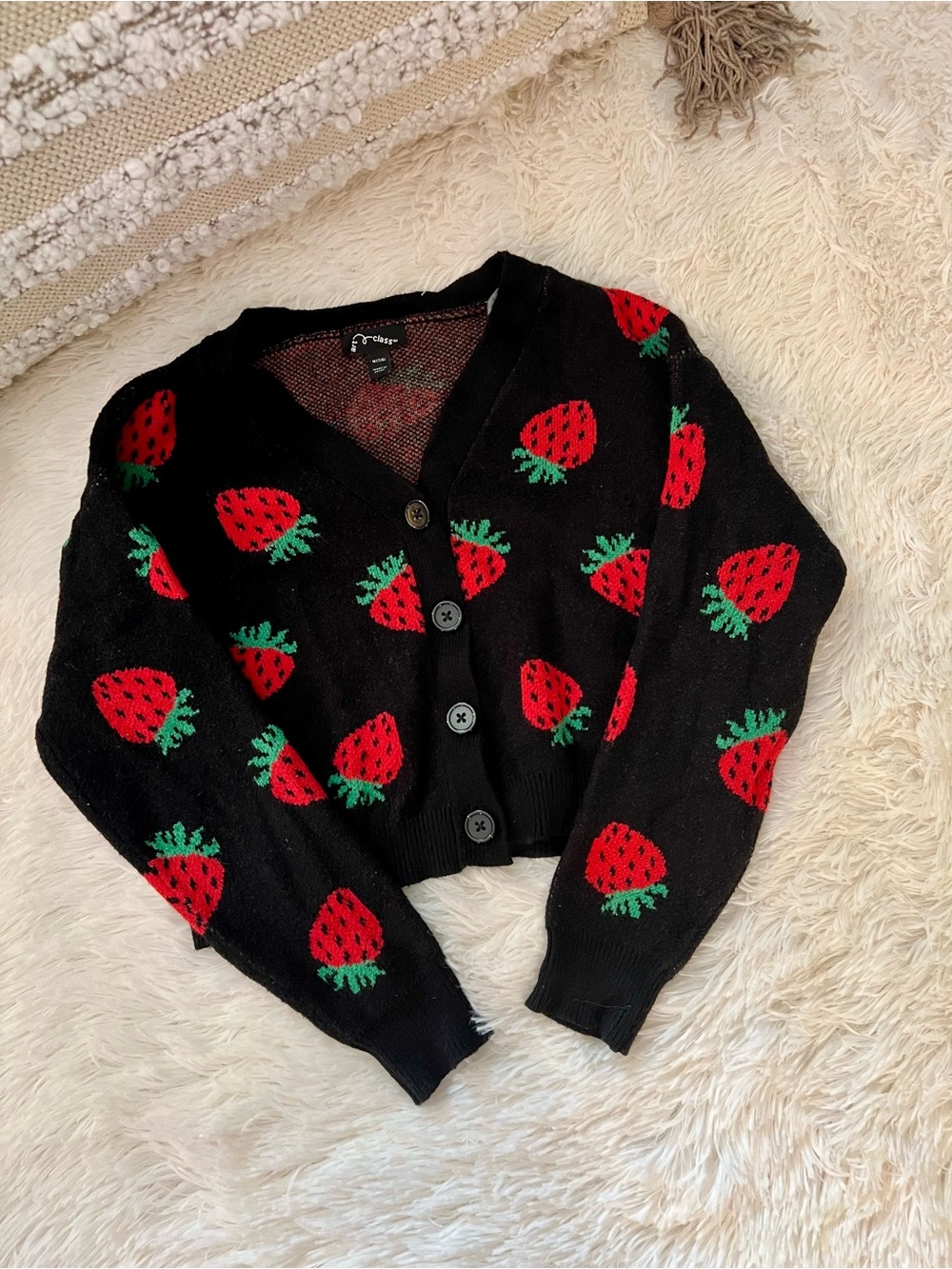 Black Strawberry Print Button Up Cozy Cardigan Girls 7/8